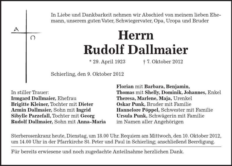 Traueranzeige Rudolf Dallmaier