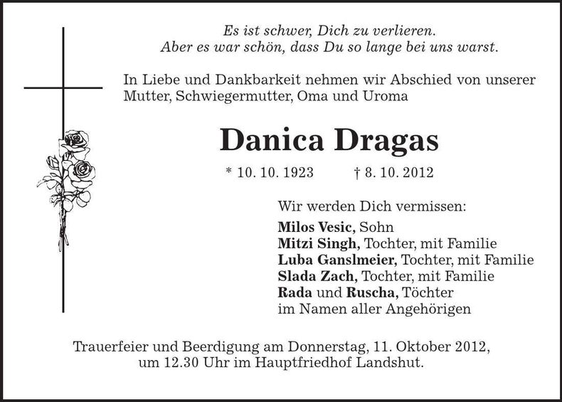 Traueranzeige Danica Dragas