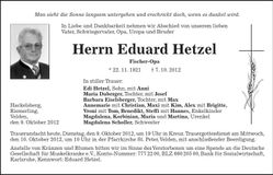 Traueranzeige Eduard Hetzel