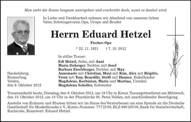 Traueranzeige Eduard Hetzel
