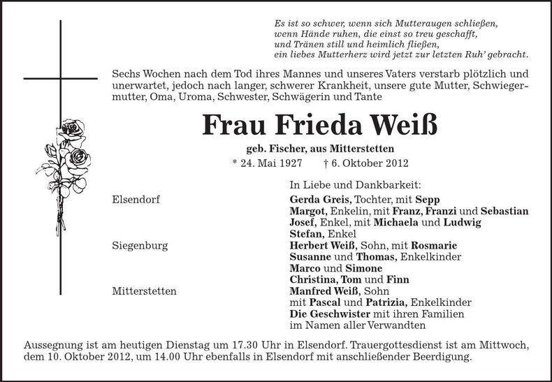 Traueranzeige Frieda Weiß