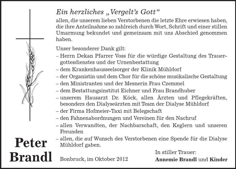 Traueranzeige Peter Brandl