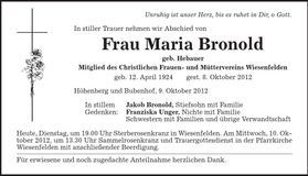 Traueranzeige Maria Bronhold