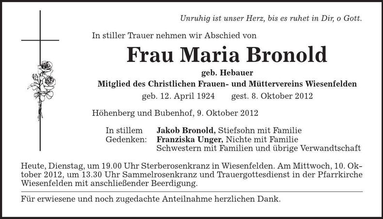 Traueranzeige Maria Bronhold