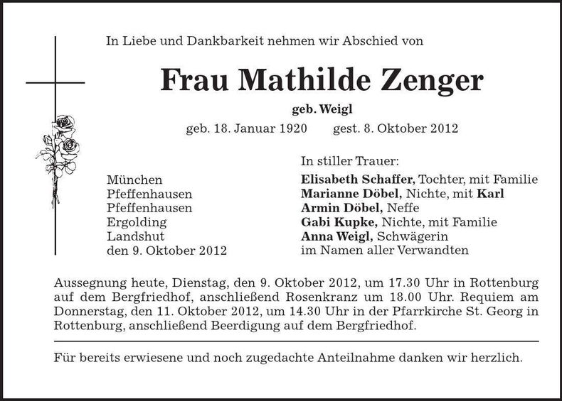 Traueranzeige Mathilde Zenger
