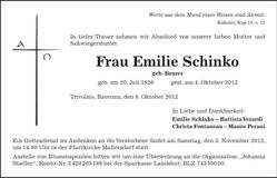 Traueranzeige Emilie Schinko