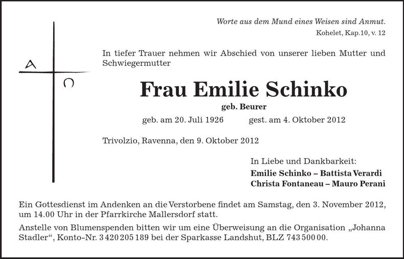 Traueranzeige Emilie Schinko