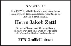 Traueranzeige Jakob Zettl