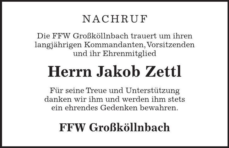 Traueranzeige Jakob Zettl