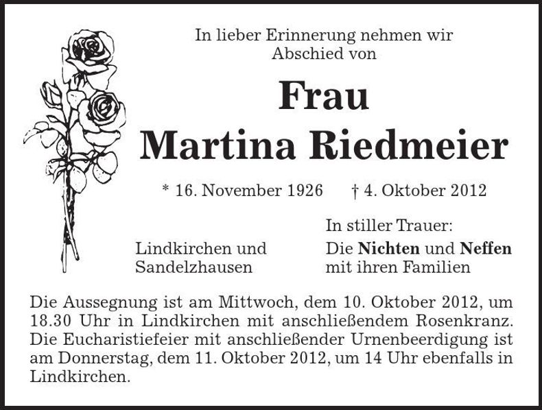 Traueranzeige Martina Riedmeier