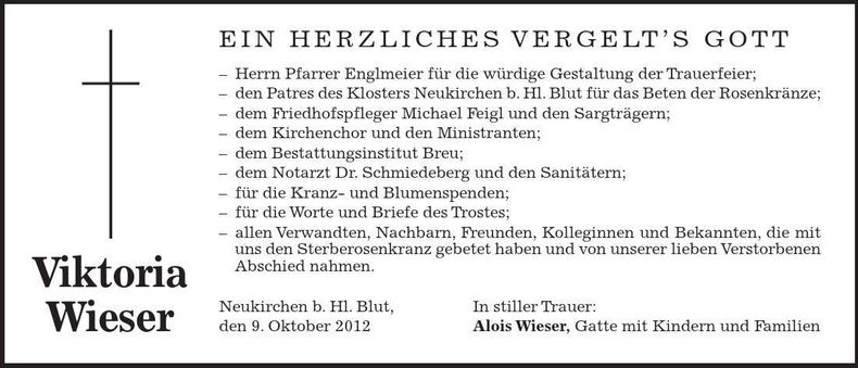 Traueranzeige Viktoria Wieser