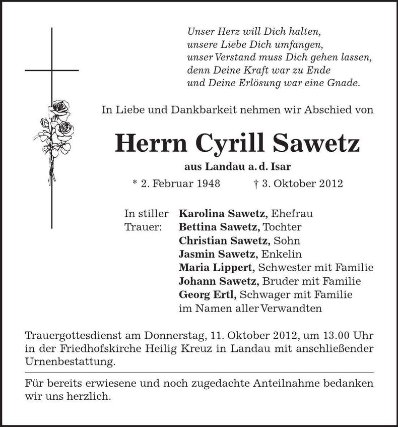 Traueranzeige Cyrill Sawetz