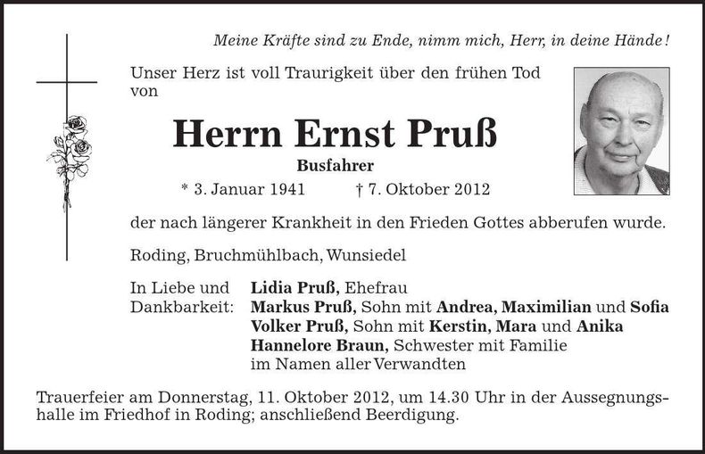 Traueranzeige Ernst Pruß