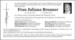 Traueranzeige Juliana Brunner