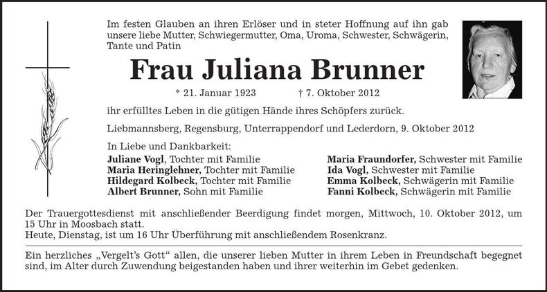 Traueranzeige Juliana Brunner