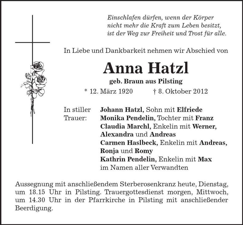 Traueranzeige Anna Hatzl