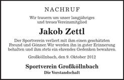 Traueranzeige Jakob Zettl