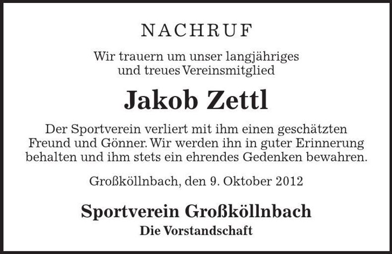 Traueranzeige Jakob Zettl
