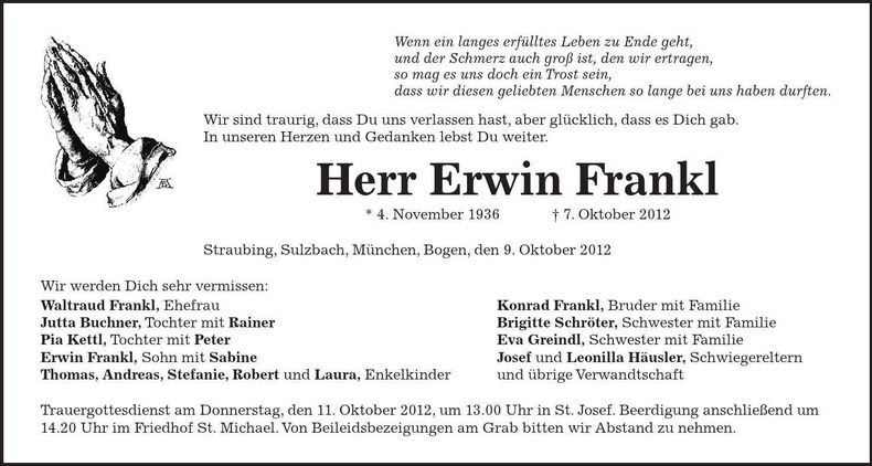 Traueranzeige Erwin Frankl