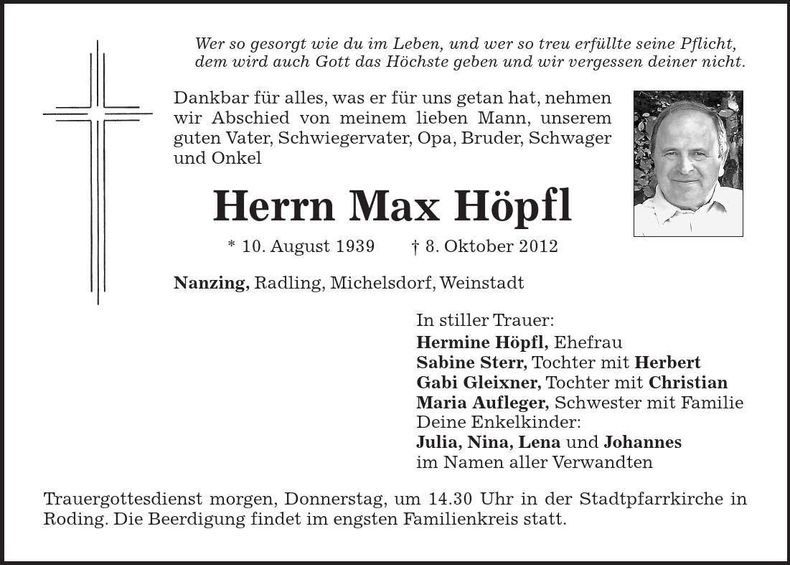 Traueranzeige Max Höpfl