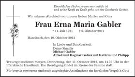 Traueranzeige Erna Maria Gabler