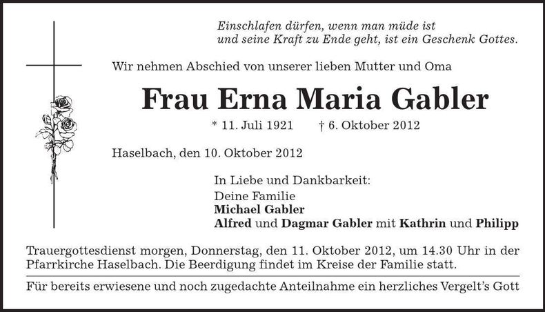 Traueranzeige Erna Maria Gabler