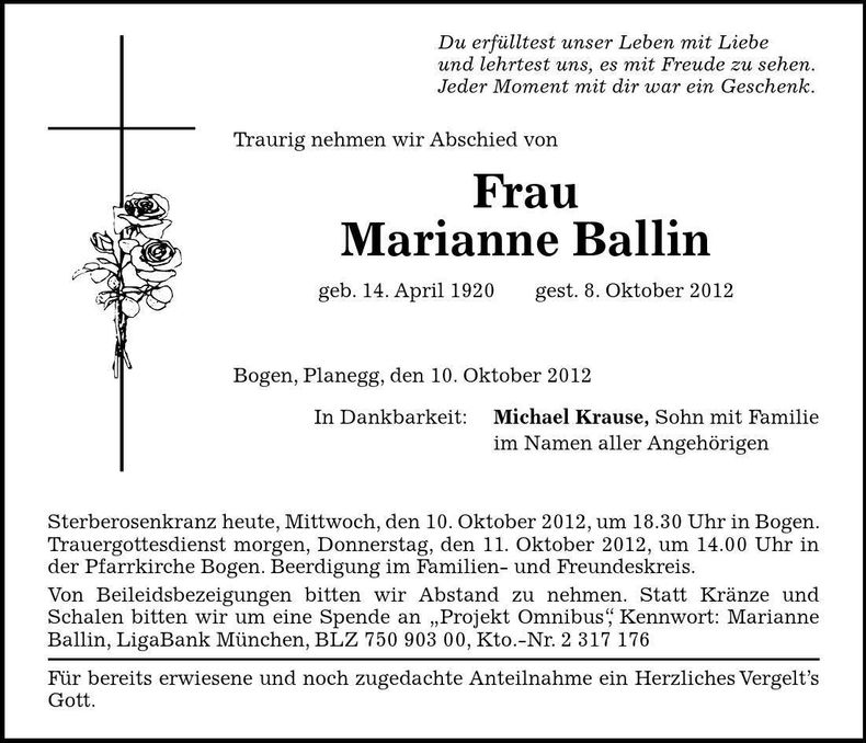 Traueranzeige Marianne Ballin