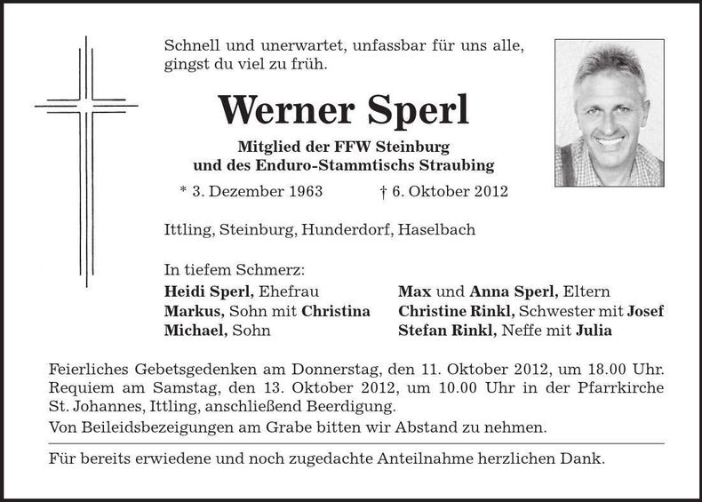 Traueranzeige Werner Sperl