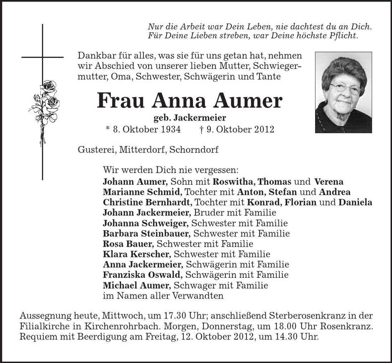 Traueranzeige Anna Aumer