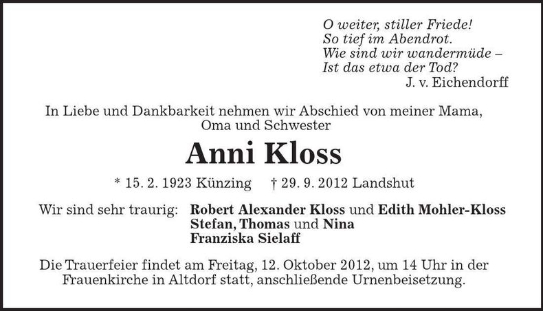 Traueranzeige Anni Kloss