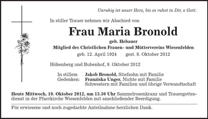Traueranzeige Maria Bronhold