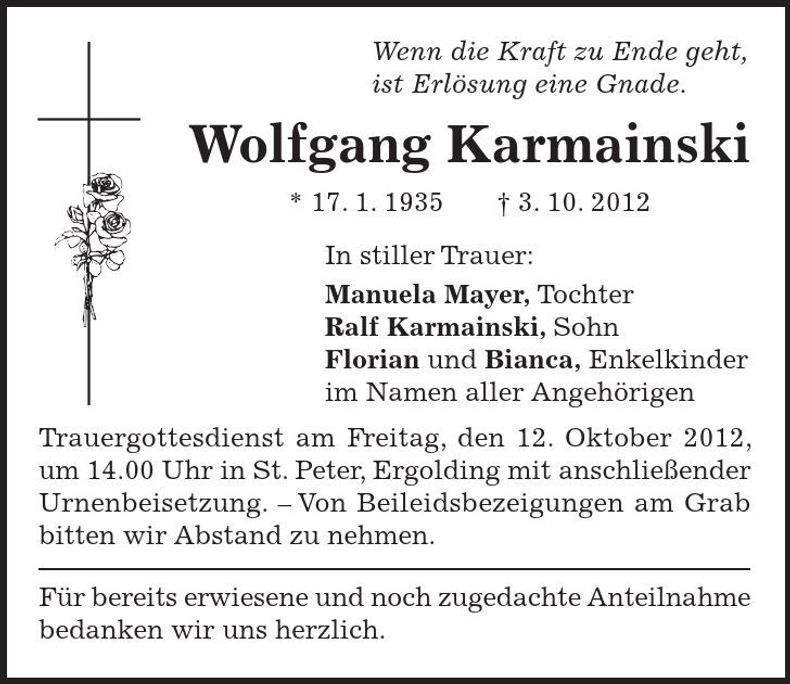 Traueranzeige Wolfgang Karmainski