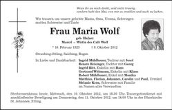 Traueranzeige Maria Wolf