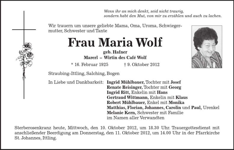 Traueranzeige Maria Wolf