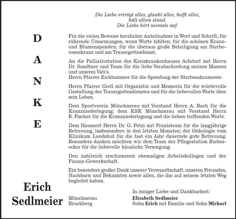 Traueranzeige Erich Sedlmeier
