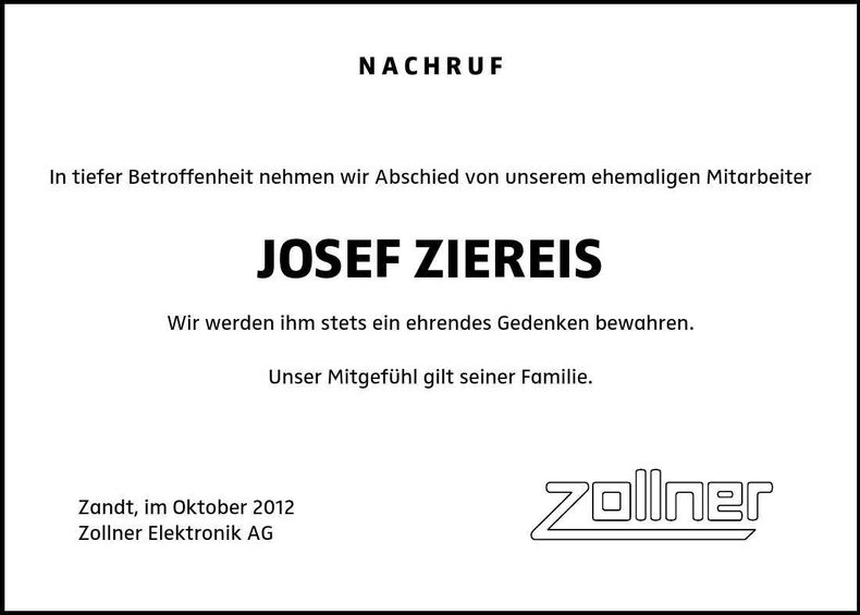 Traueranzeige Josef Ziereis