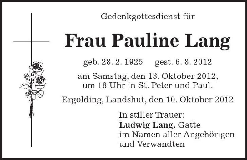 Traueranzeige Pauline Lang