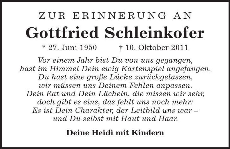 Traueranzeige Gottfried Schleinkofer