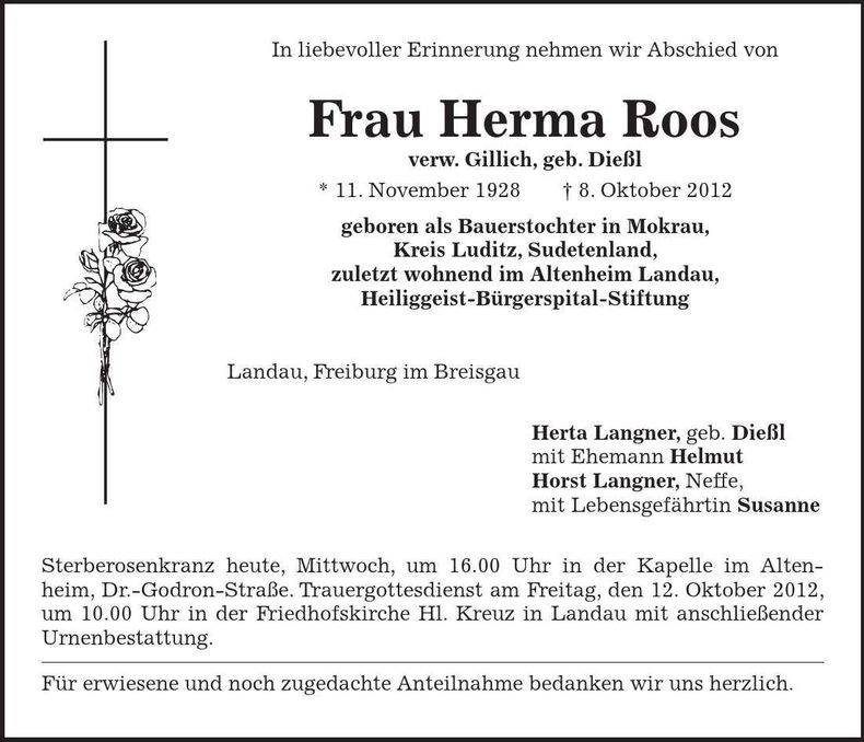 Traueranzeige Herma Roos