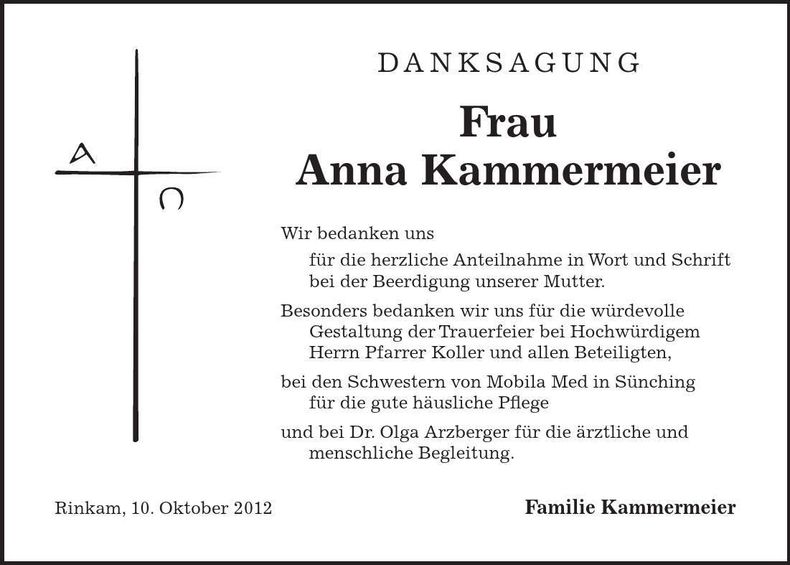 Traueranzeige Anna Kammermeier