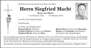 Traueranzeige Siegfried Macht