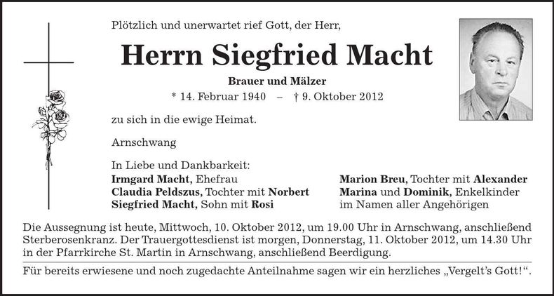 Traueranzeige Siegfried Macht
