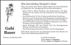 Traueranzeige Gabi Bauer