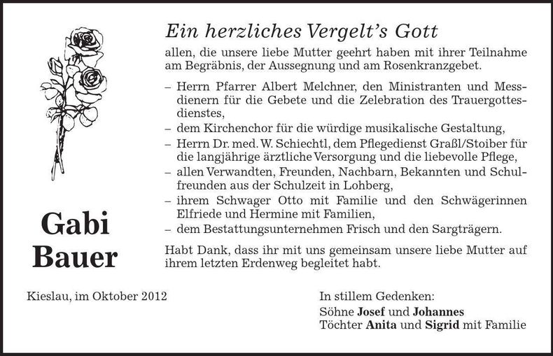 Traueranzeige Gabi Bauer