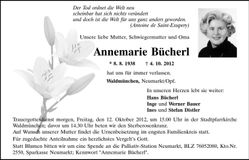 Traueranzeige Annemarie Bücherl