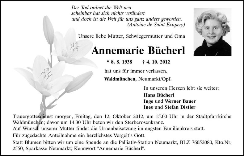 Traueranzeige Annemarie Bücherl