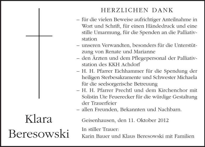 Traueranzeige Klara Beresowski