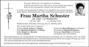 Traueranzeige Martha Schuster
