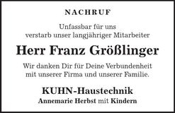 Traueranzeige Franz Größlinger