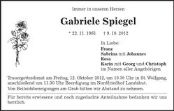 Traueranzeige Gabriele Spiegel